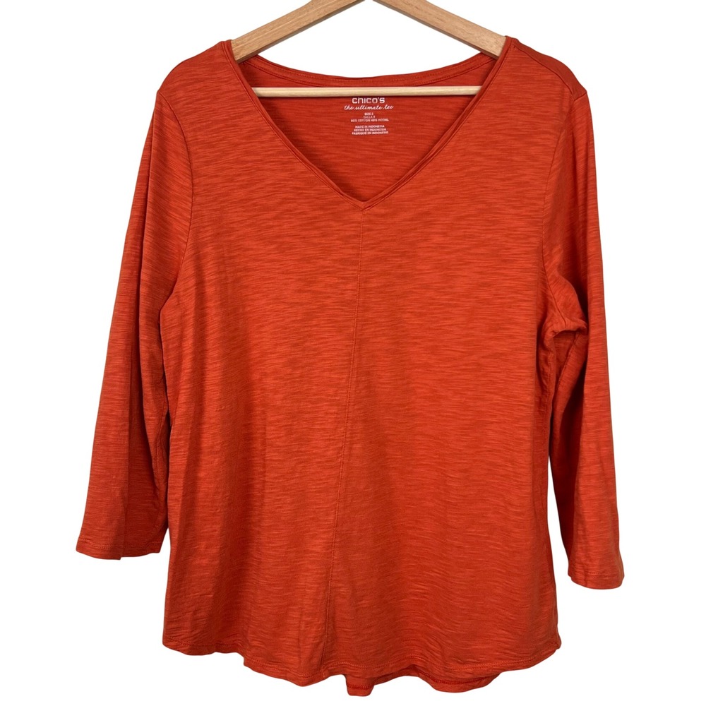 Chico's The Ultimate Tee‎ Women Orange V-Neck 3/4 Sleeve Slub Top Size 2 (Large)